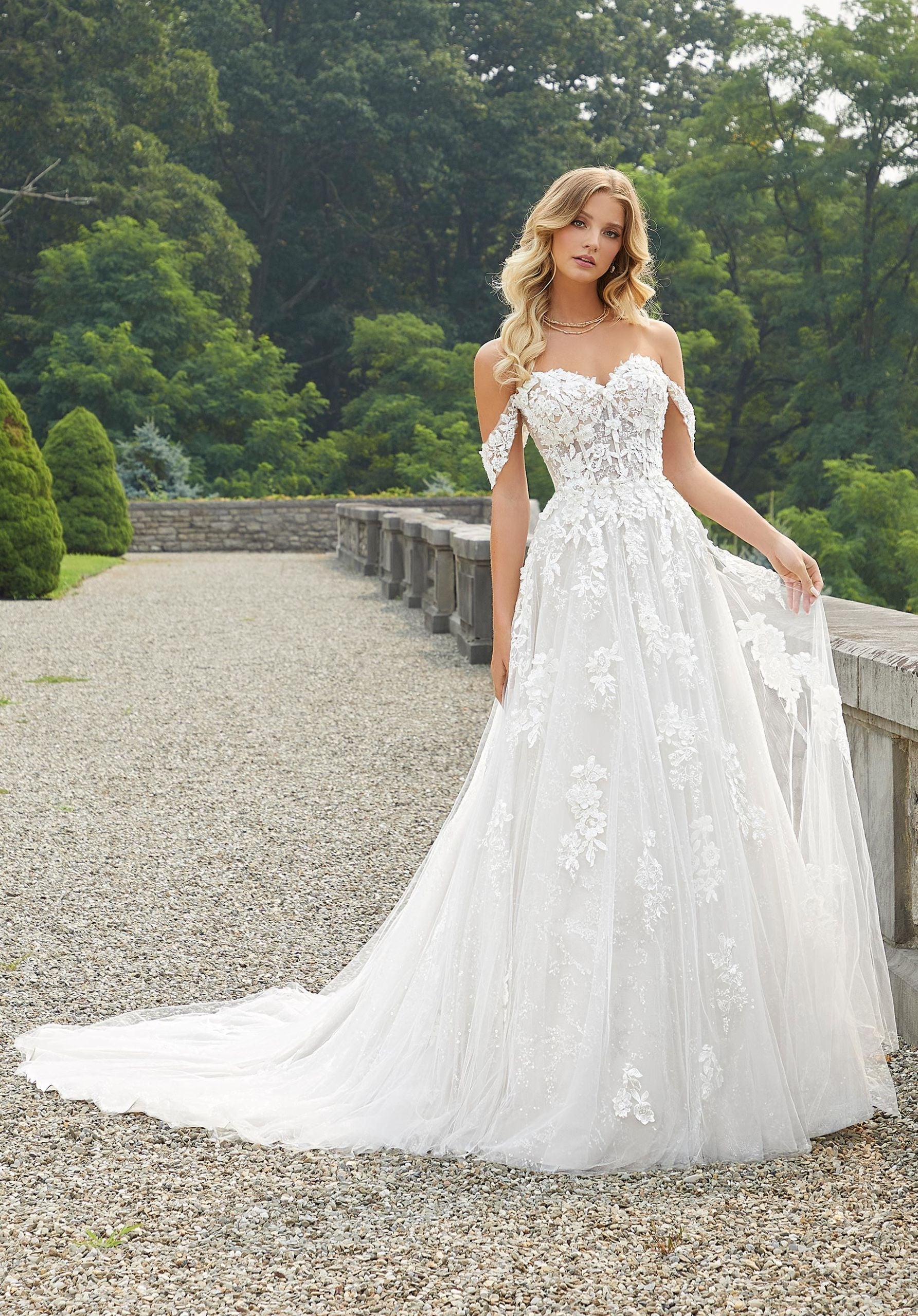Wedding Dresses Long 3D Floral Lace Applique Wedding Dress MGNY Madeline Gardner New York 2406 Ivory/Almond/Honey