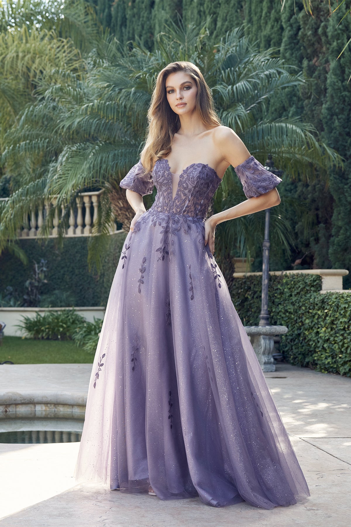 Grey Purple Juliet 2409 Long Formal Detachable Sleeves Prom Dress