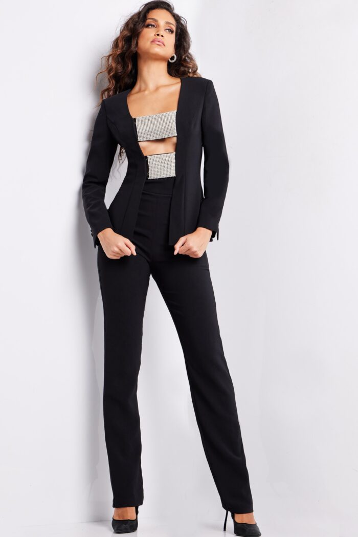 Pant Suit Beaded Long Metallic Formal Pant Suit Black