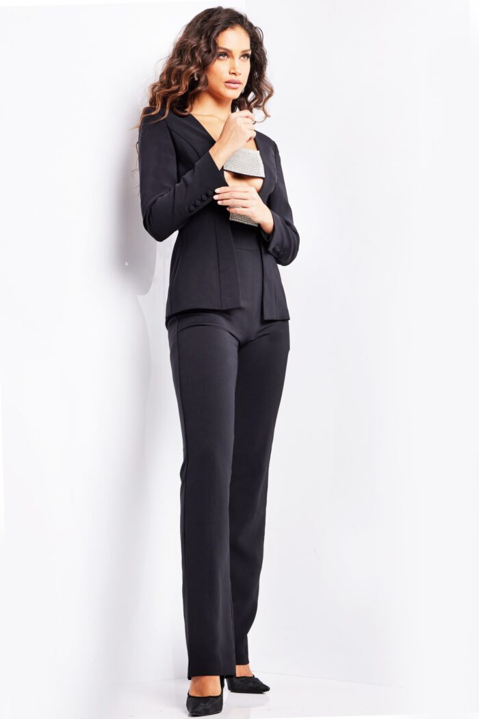 Pant Suit Beaded Long Metallic Formal Pant Suit Black