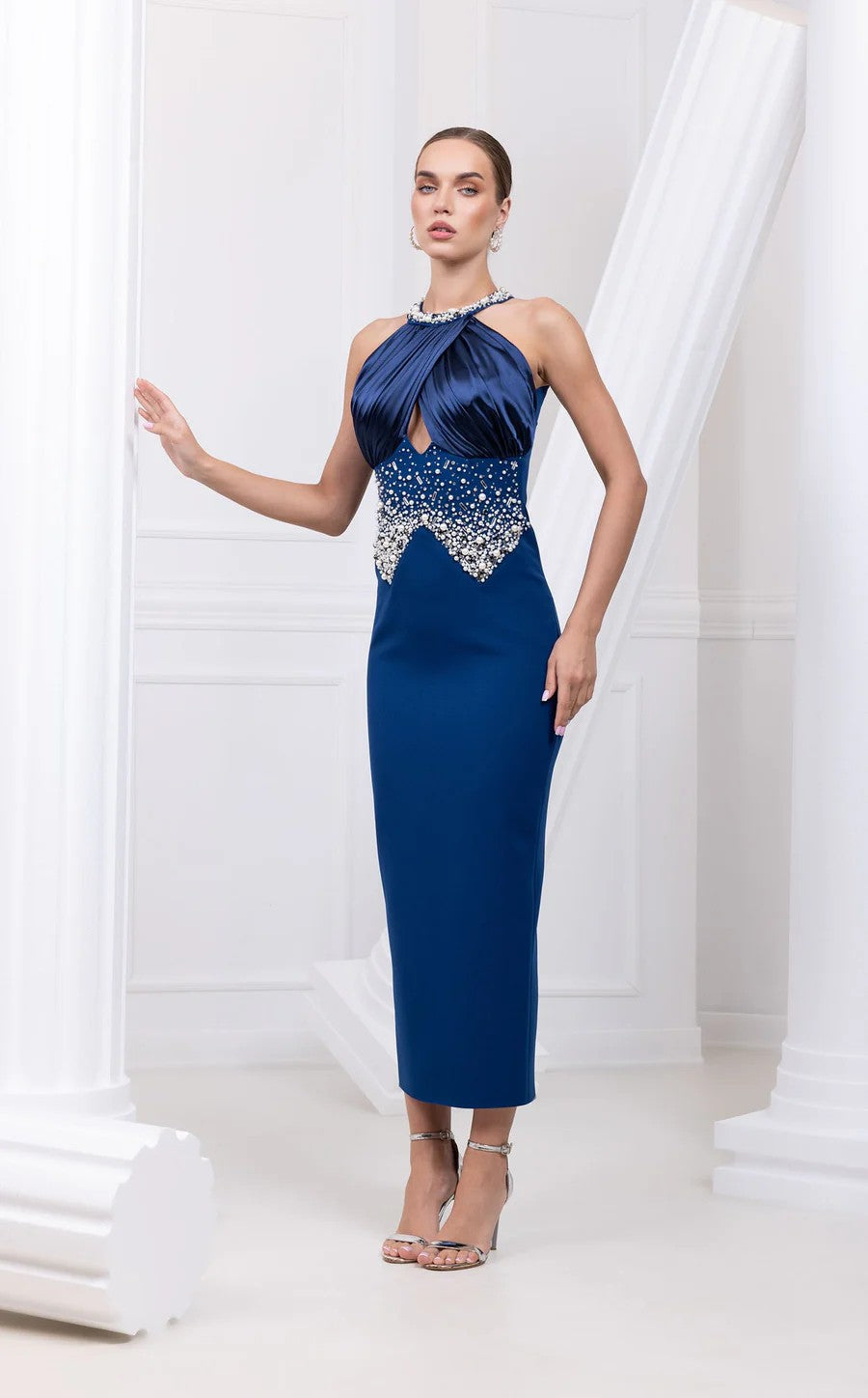 Prom Dresses Long Formal Fitted Beaded Prom Dress Navy
