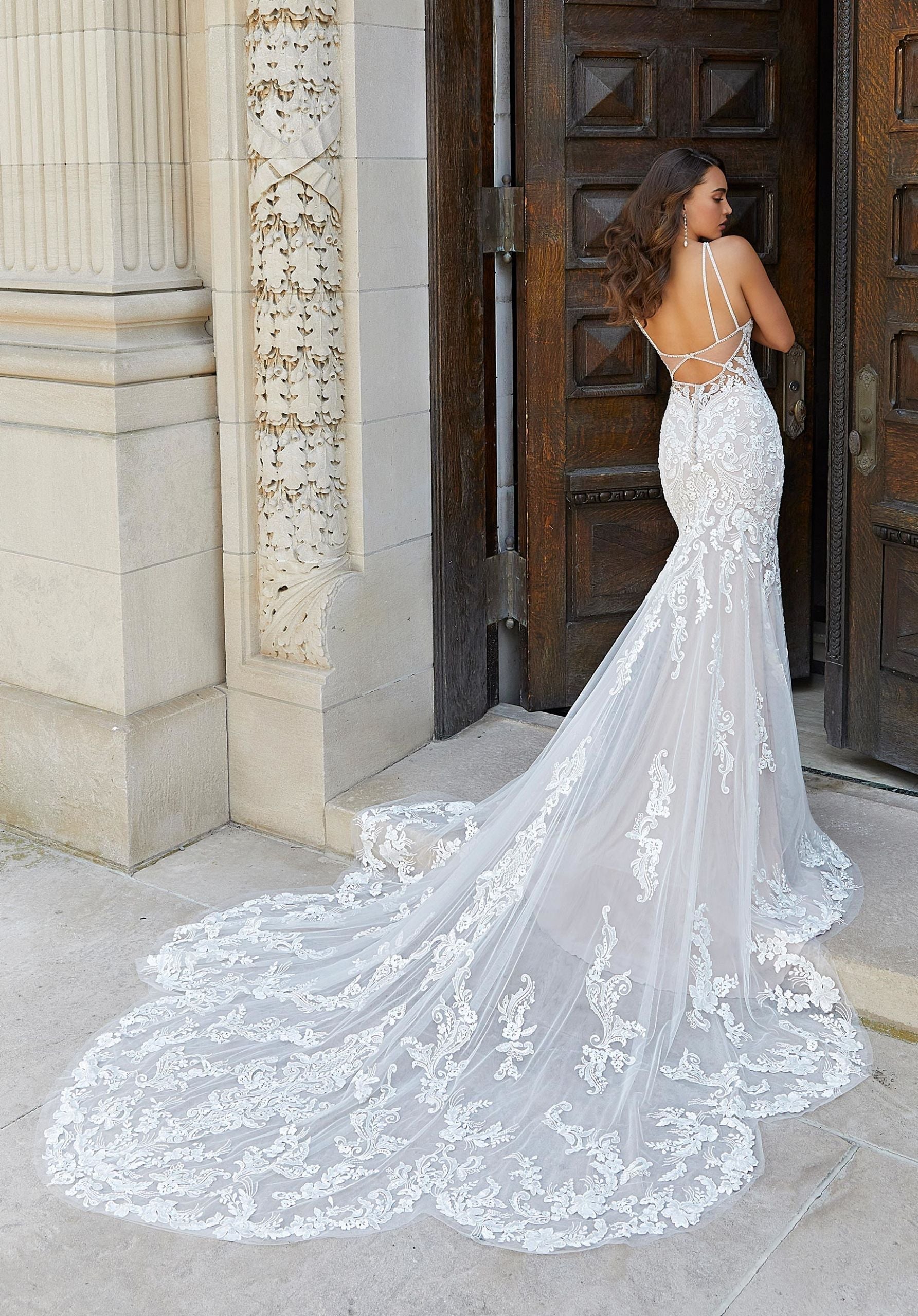 Wedding Dresses Long Beaded Bridal Lace Wedding Dress MGNY Madeline Gardner New York 2415 Ivory/Cappuccino/Honey