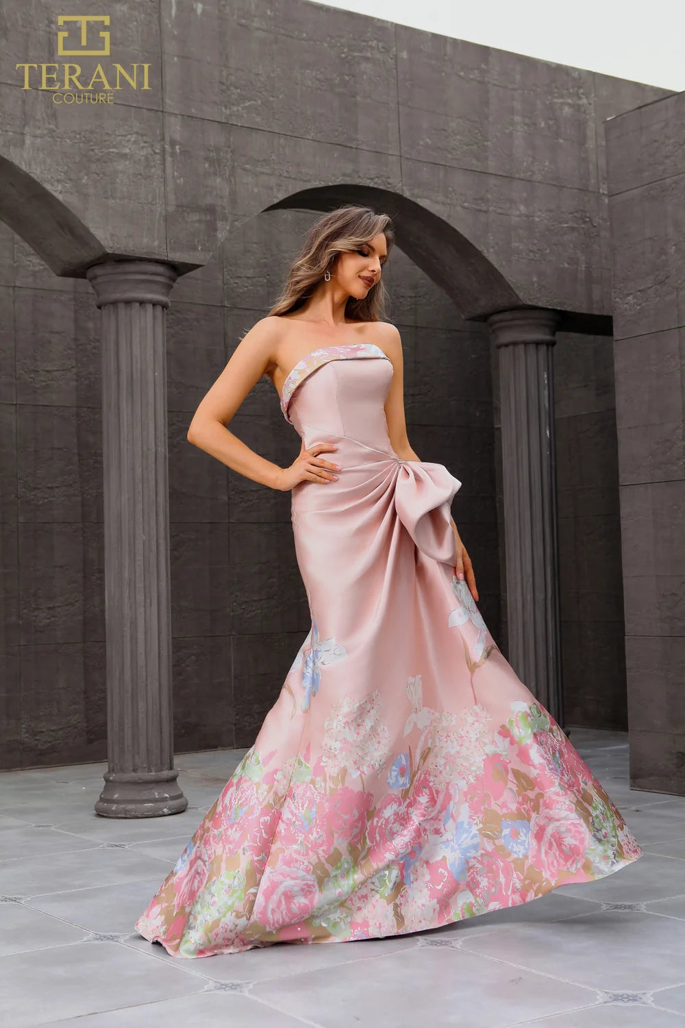 Terani Couture 241E2494 Printed Long Formal Evening Prom Dress Silver Rose Gold