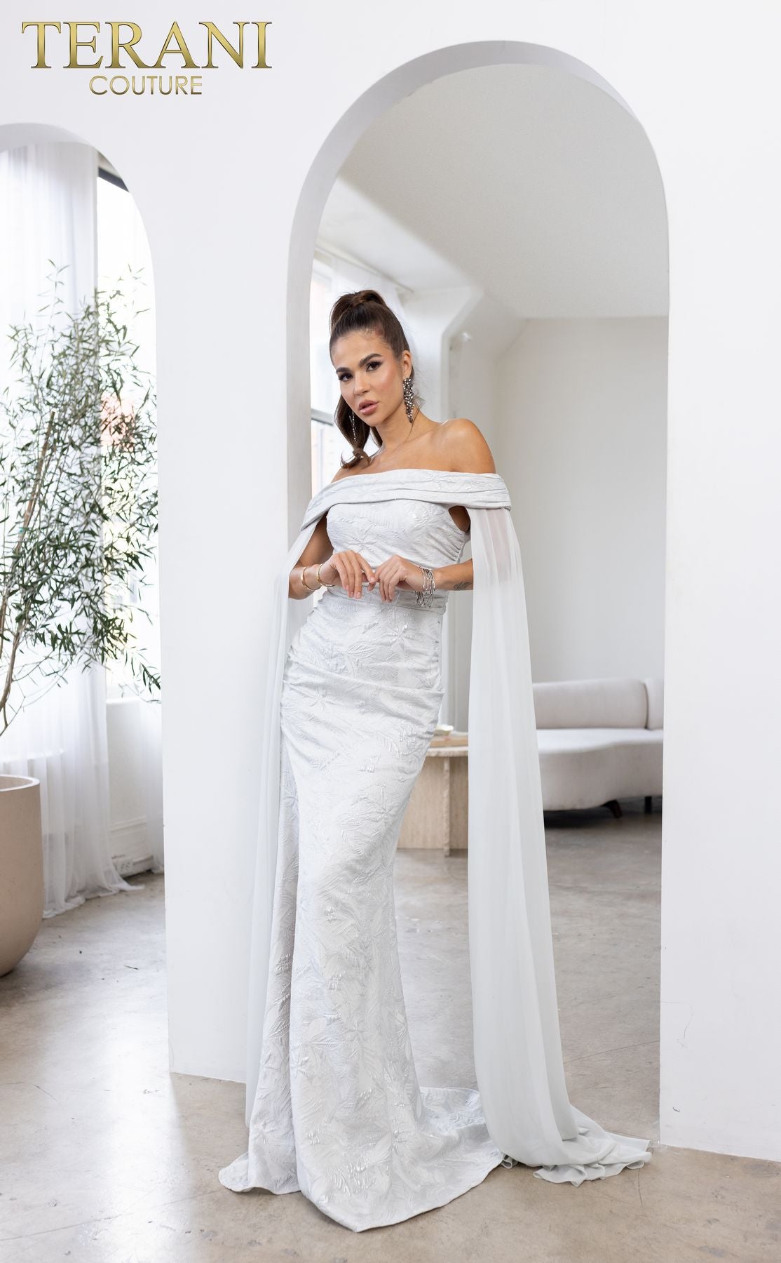 Silver Terani Couture 241M2721 Cape Evening Long Mother of the Bride Dress for 495.0 The Dress Outlet