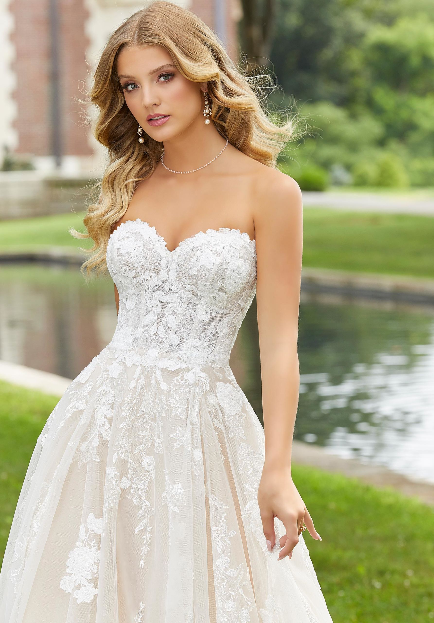 Wedding Dresses Long Sleeve Bridal Lace Wedding A Line Dress MGNY Madeline Gardner New York 2420 Ivory/Rose/Honey