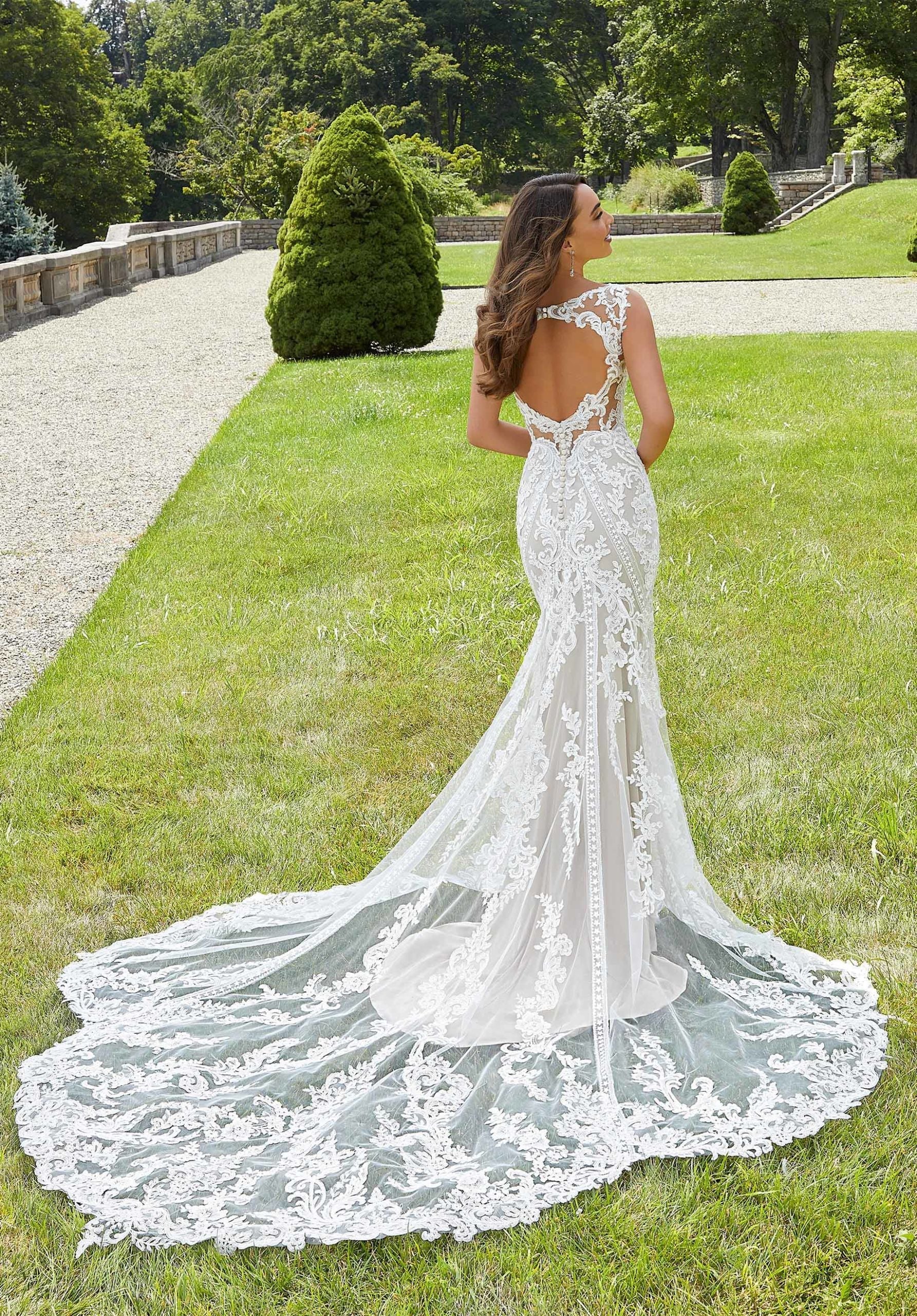 Wedding Dresses Long Fitted Bridal Lace Wedding Dress MGNY Madeline Gardner New York 2422 Ivory/Cappuccino/Honey