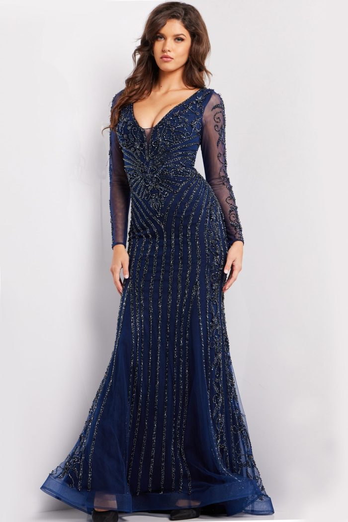 Formal Dresses Long Sleeve Beaded Formal Dress Navy