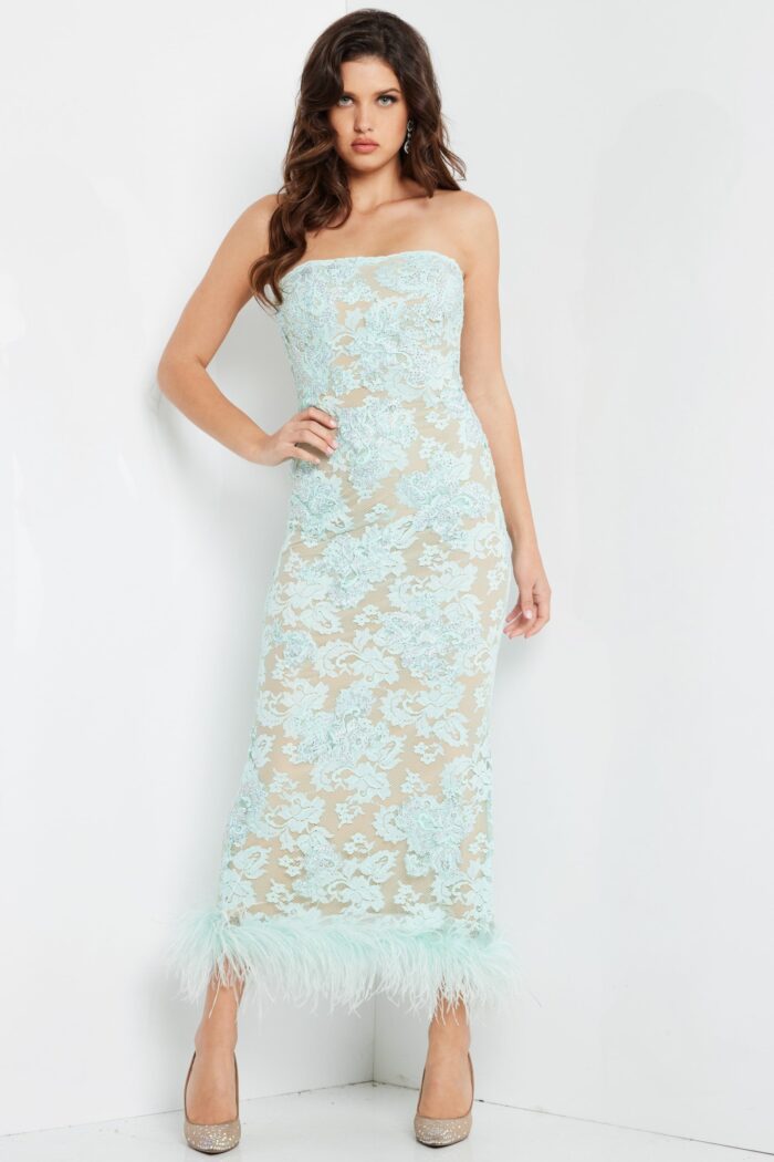 Cocktail Dresses Tea Length Beaded Lace Evening Formal Dress Aqua