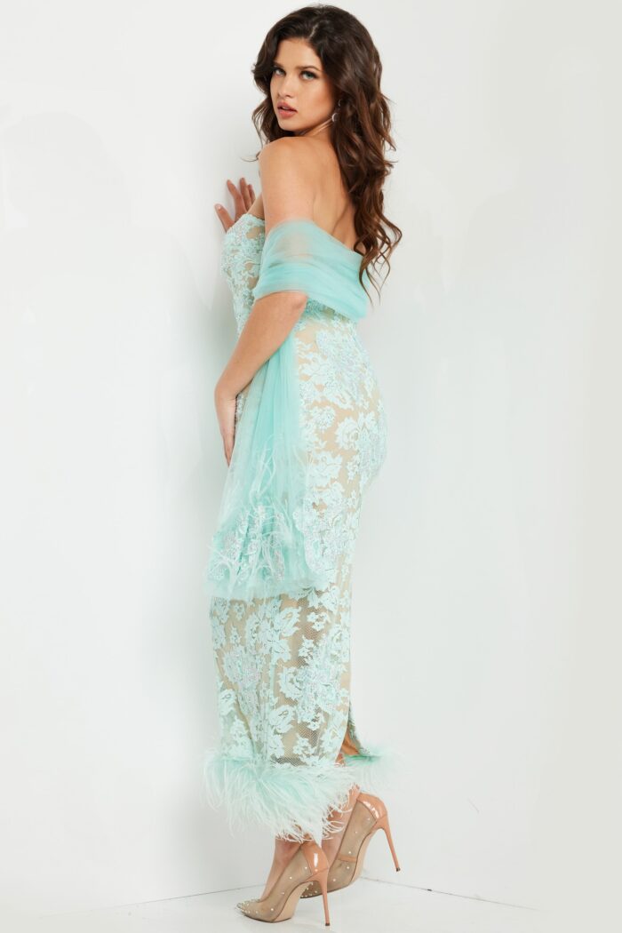 Cocktail Dresses Tea Length Beaded Lace Evening Formal Dress Aqua