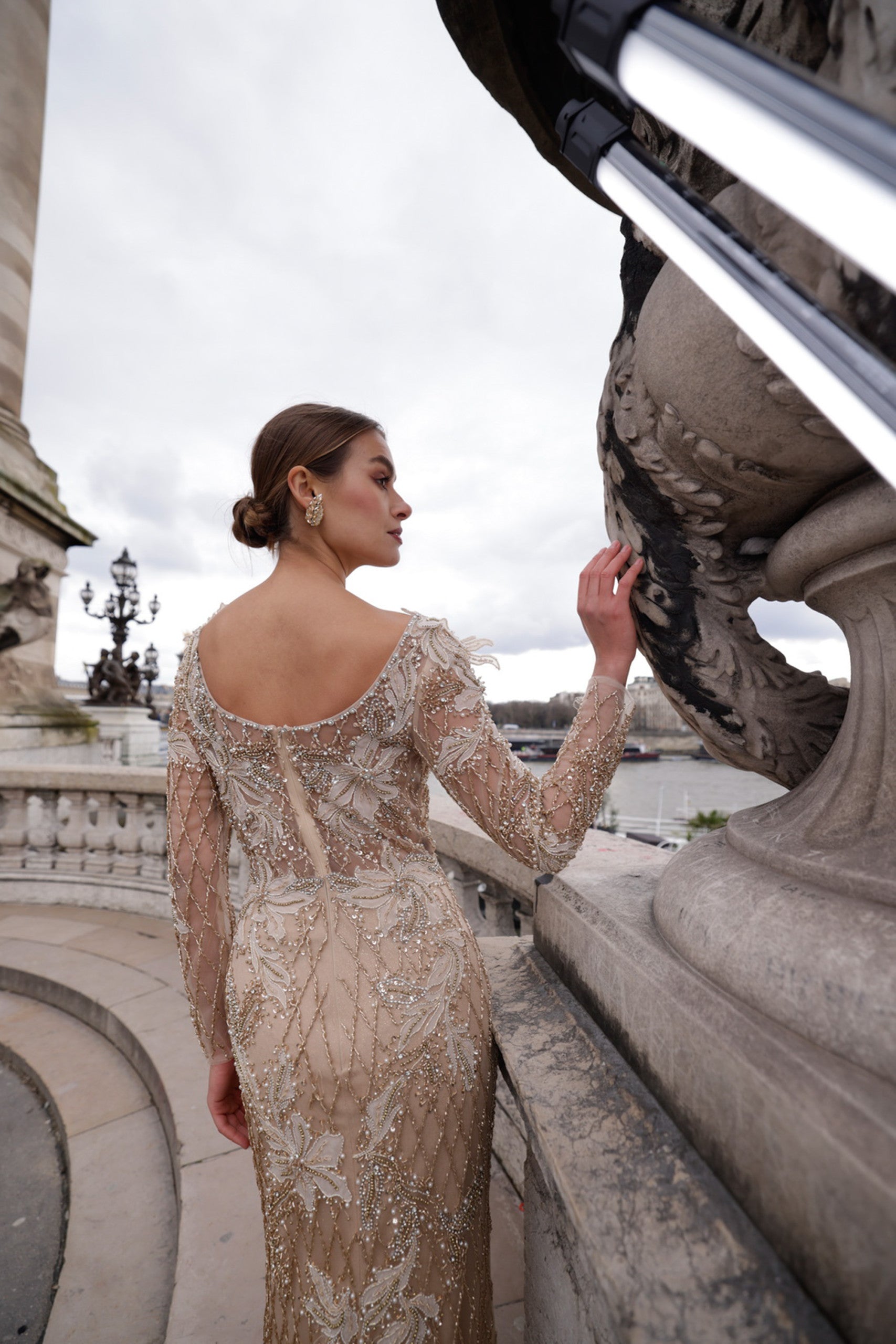Prom Dresses Long Slit Beaded Evening Formal Prom Dress Champagne
