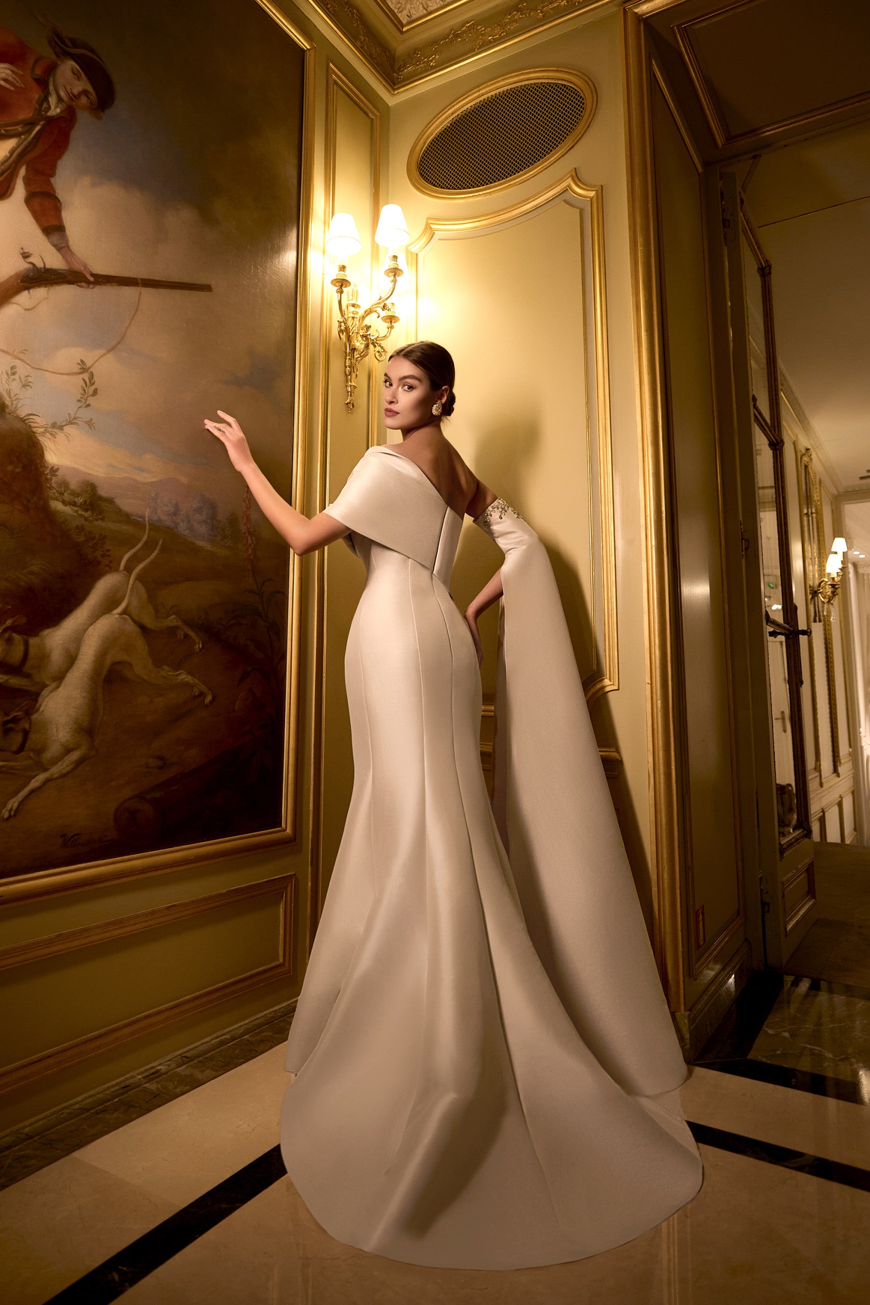 Formal Dresses Long Mermaid Fit Overlay Cape Sleeve Formal Dress Champagne