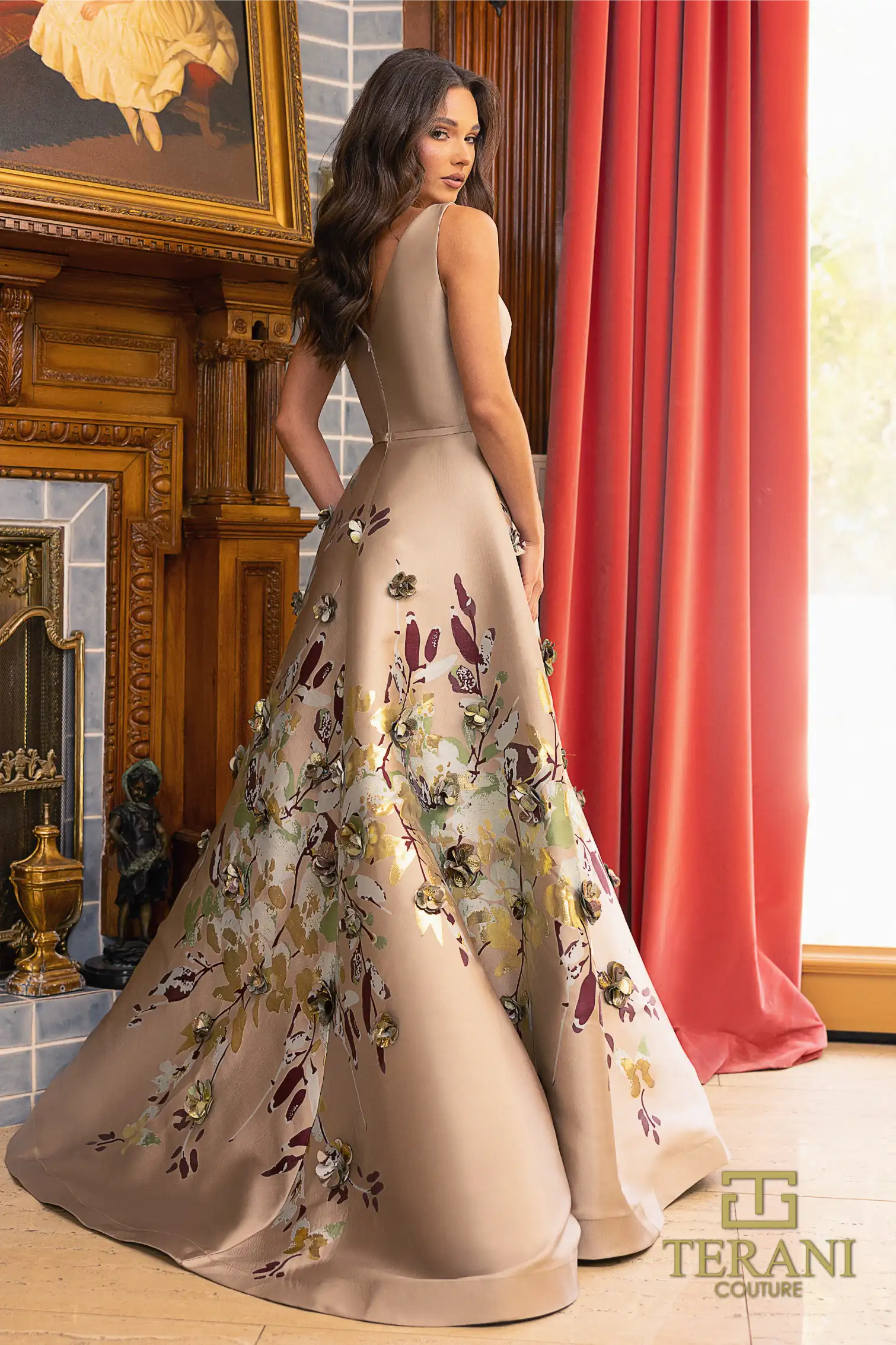 Formal Dresses Printed Long Ballgown Formal Evening Dress Taupe