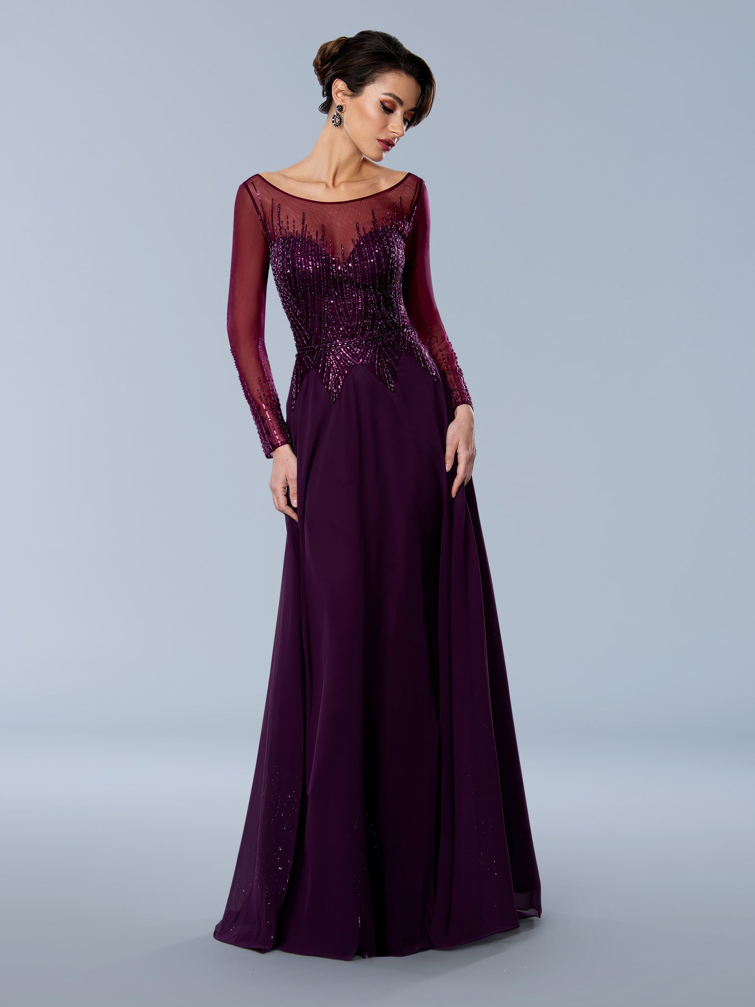 Wine Stella Couture 24361 Long Sleeve Formal Evening Dress