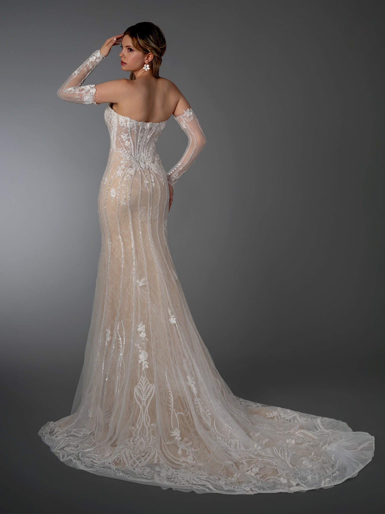 Wedding Dresses Long Bridal Fitted Wedding Dress - Corset Sequin - Stella Couture 26529 Off White-Sequin-26529-Train