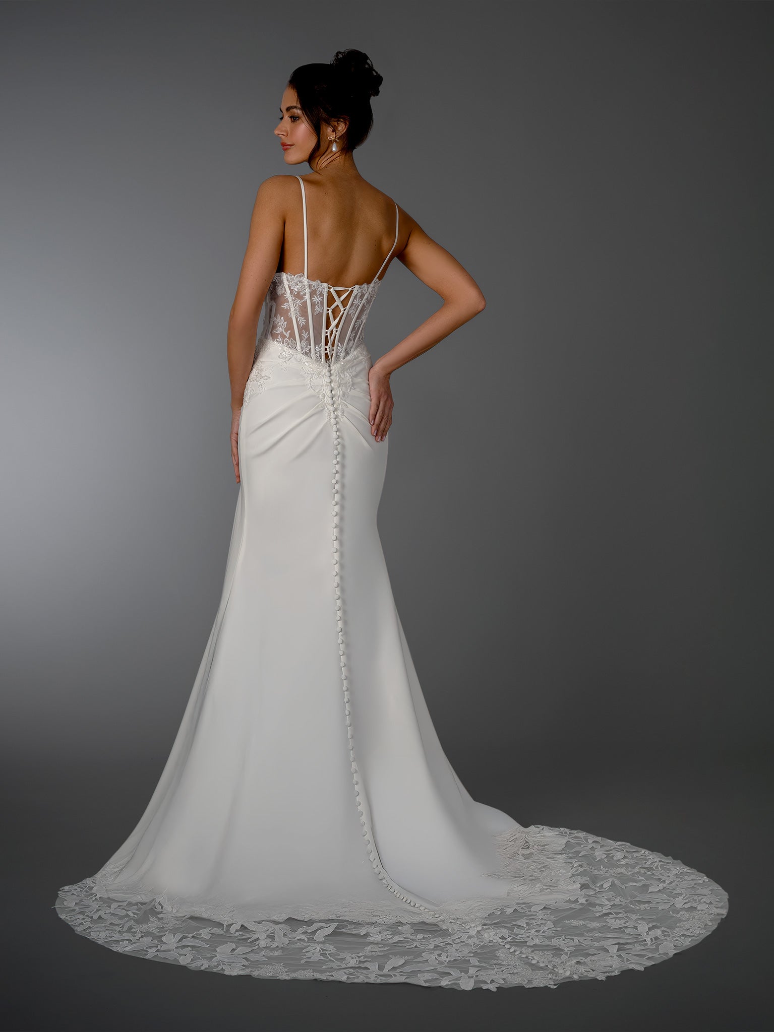 Wedding Dresses Long Bridal Lace Wedding Dress - Corset Beaded - Stella Couture 26528 Off White-Satin-26528-Train