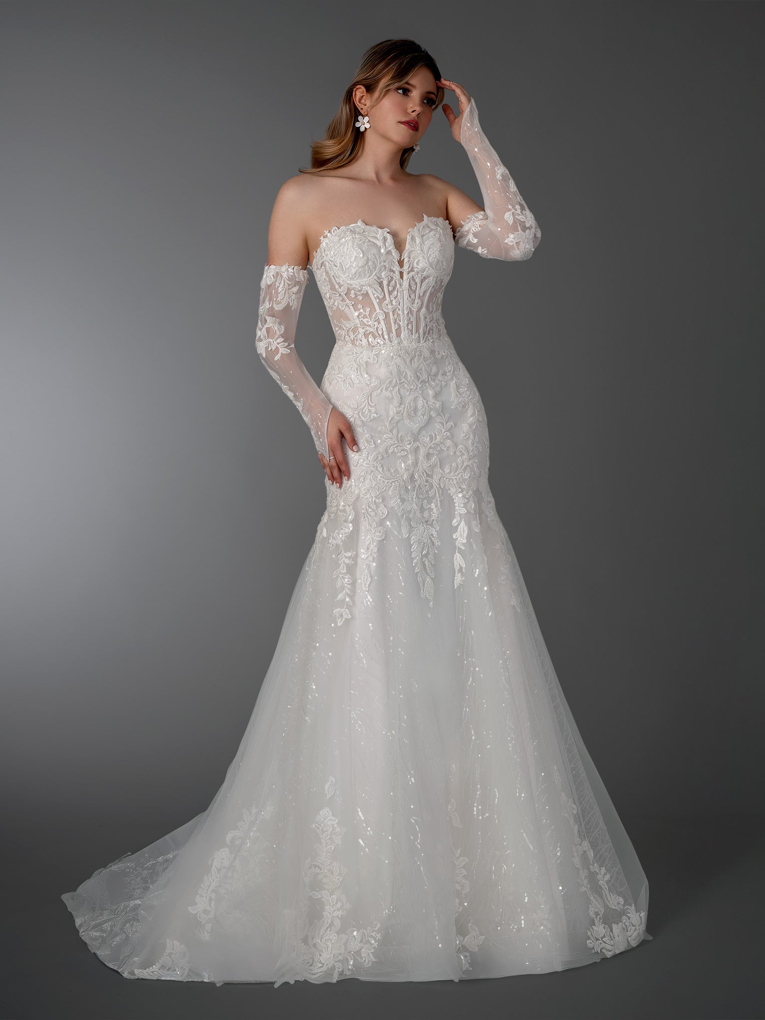 Wedding Dresses Long Lace Wedding Dress - Beaded - Stella Couture 26527 Off White-Tulle-26527-Beaded