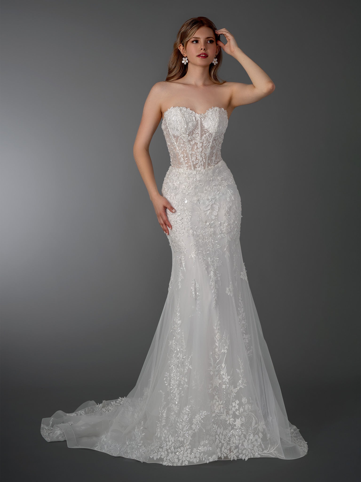 Wedding Dresses A Line Long Floral Wedding Dress - Corset - Stella Couture 26521 Off White-Lace-26521-Floral