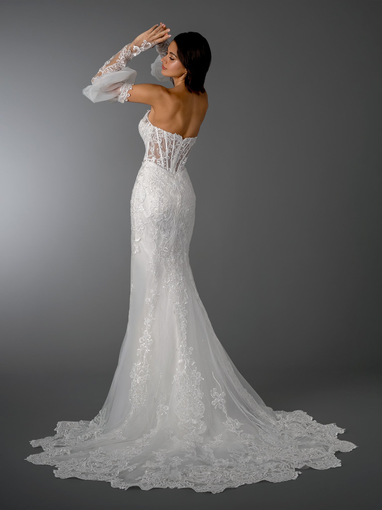 White Strapless Floor-Length Embroidered Lace Mermaid Bridal Gown with Detachable Puff Sleeves