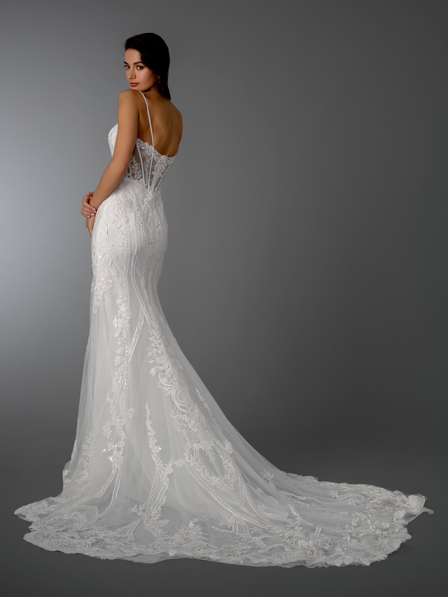 Wedding Dresses Fitted Lace Corset Long Bridal Wedding Dress Stella Couture 26504 Off White