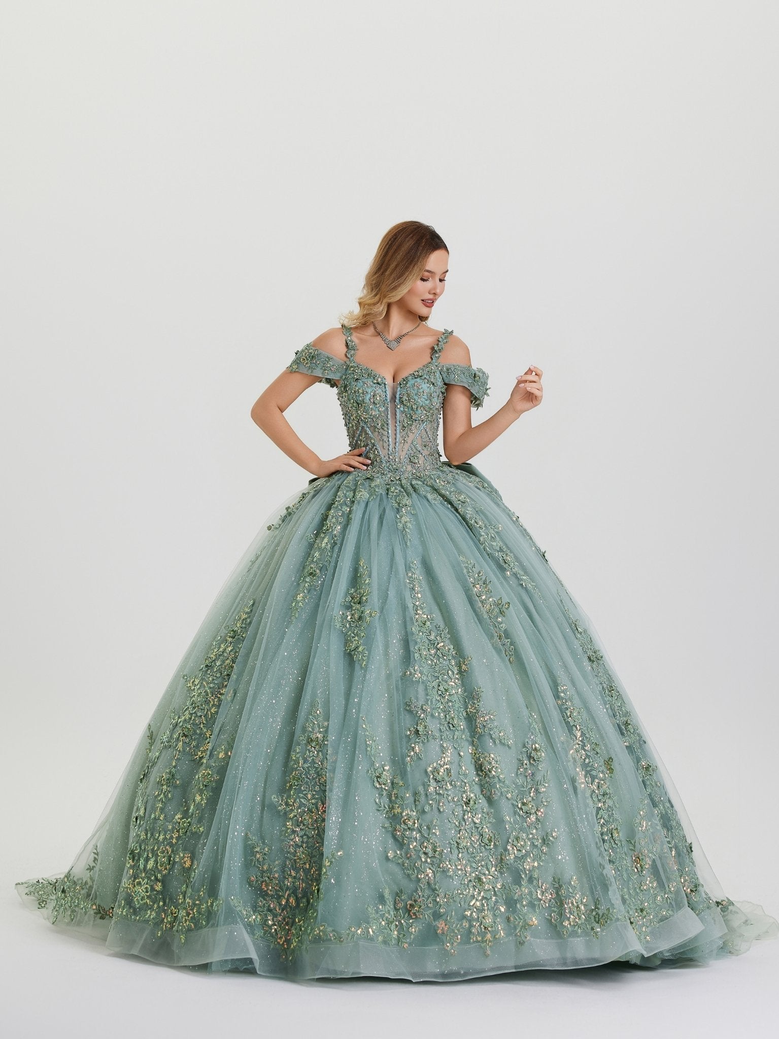 Sage Off-the-Shoulder Floor-Length Glitter Mesh Ball Gown with 3D Floral Appliques Stella Couture 26403