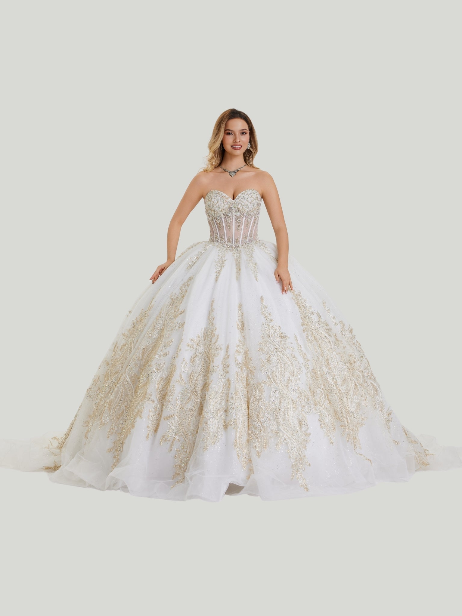 Ivory Strapless Floor-Length Glitter Mesh Ball Gown with Gold Lace Appliques Stella Couture 26405