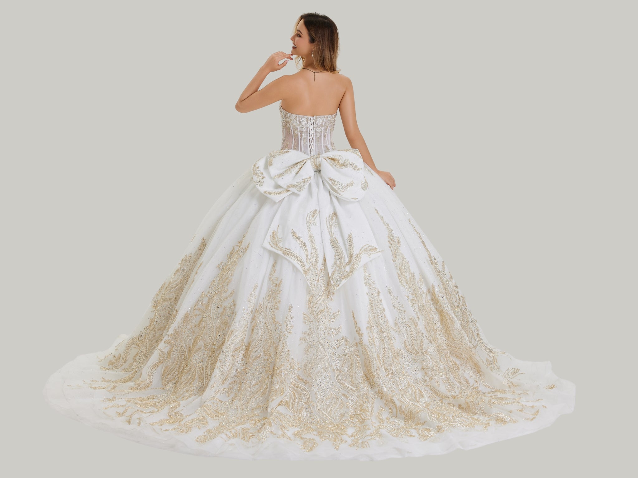 Ivory Strapless Floor-Length Glitter Mesh Ball Gown with Gold Lace Appliques Stella Couture 26405