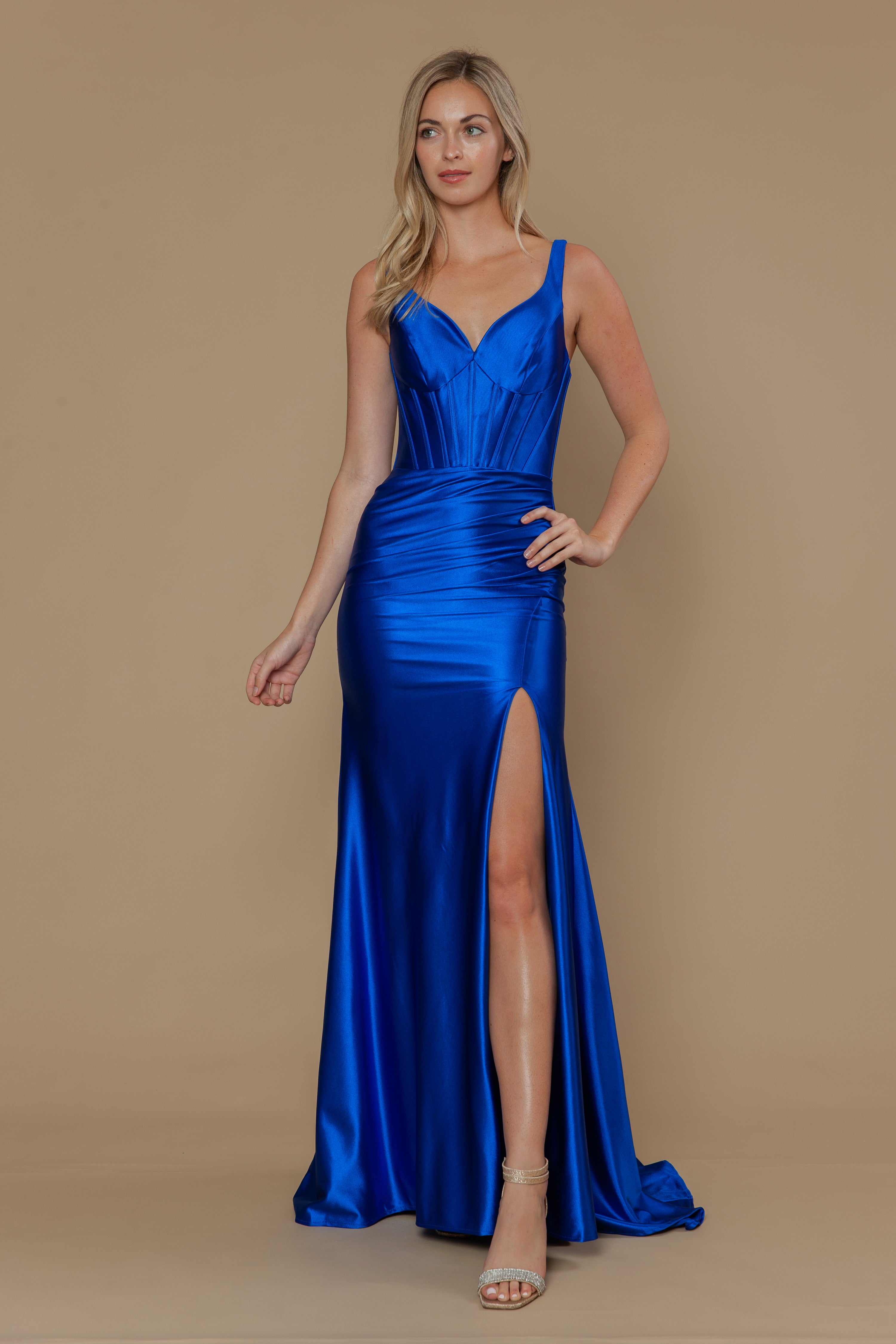 Royal Sweetheart Floor-Length Poly Span Satin Prom Gown with Corset Seams and High Slit Poly USA 25006