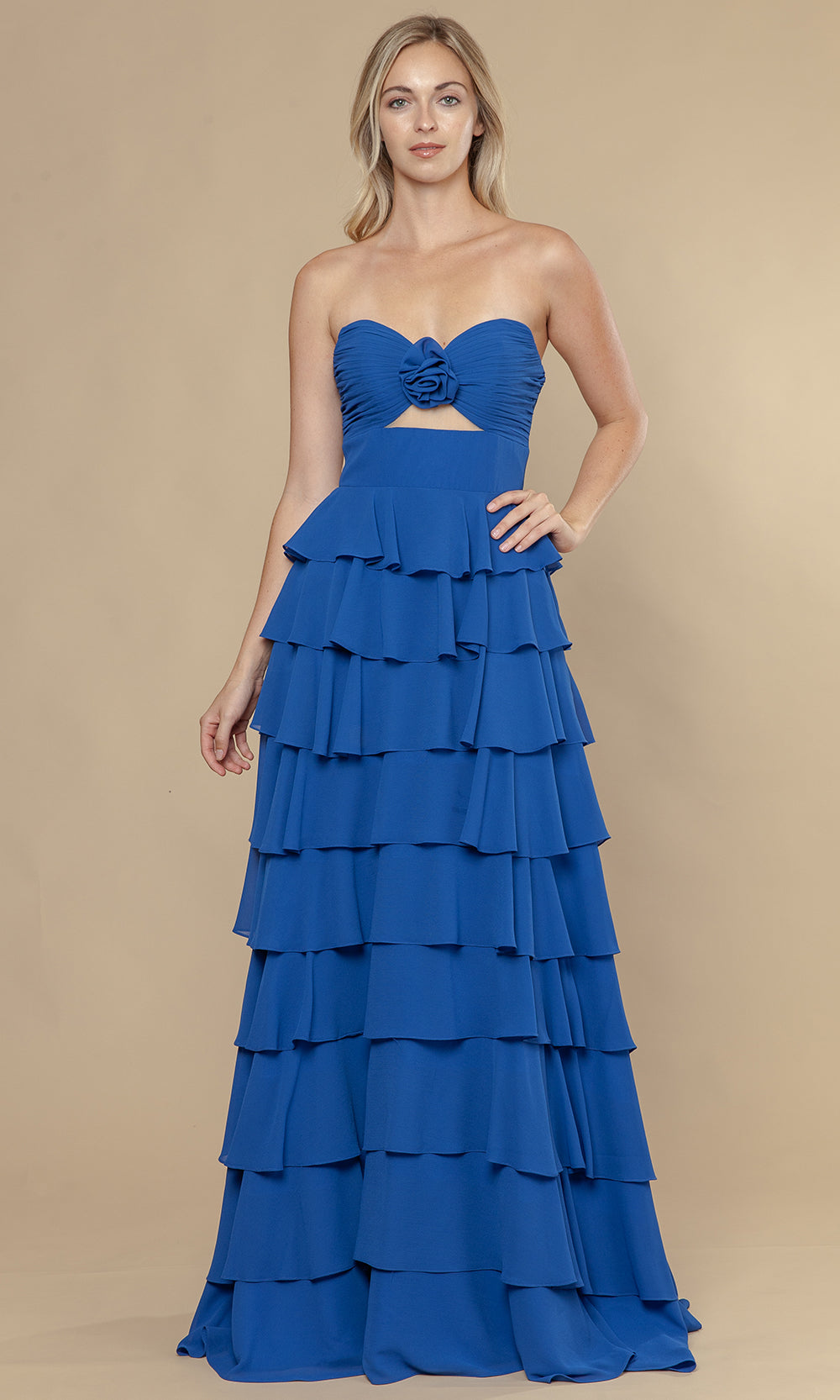 Royal Sweetheart Floor-Length Chiffon Prom Dress with Tiered Ruffles and Rosette Poly USA 25012