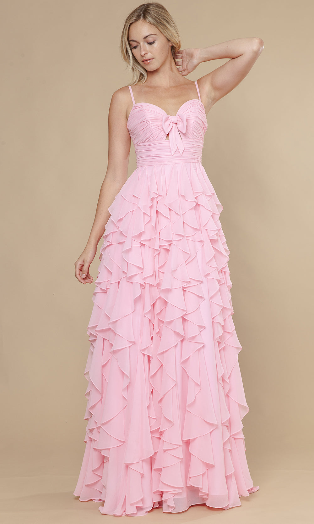 Pink Sweetheart Floor-Length Chiffon Prom Gown with Bow Accent and Layered Ruffle Skirt Poly USA 25024