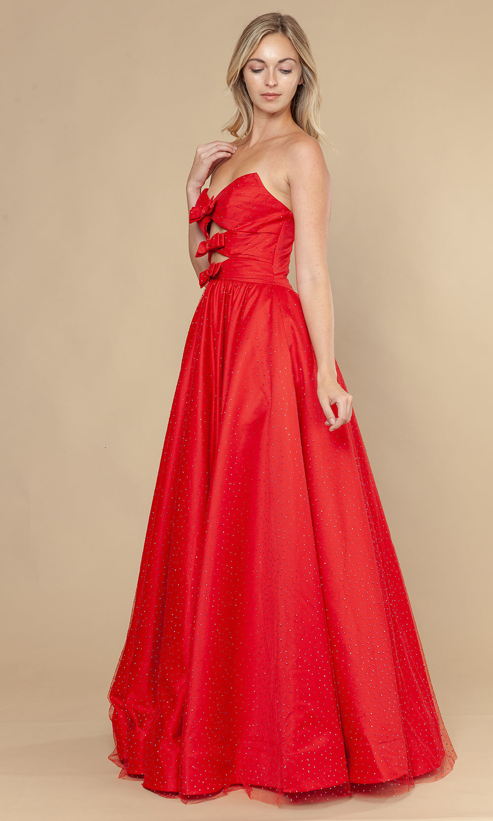 Red Sweetheart Floor-Length Mesh Prom Gown with Triple Bow Accents and Cutouts Poly USA 25036