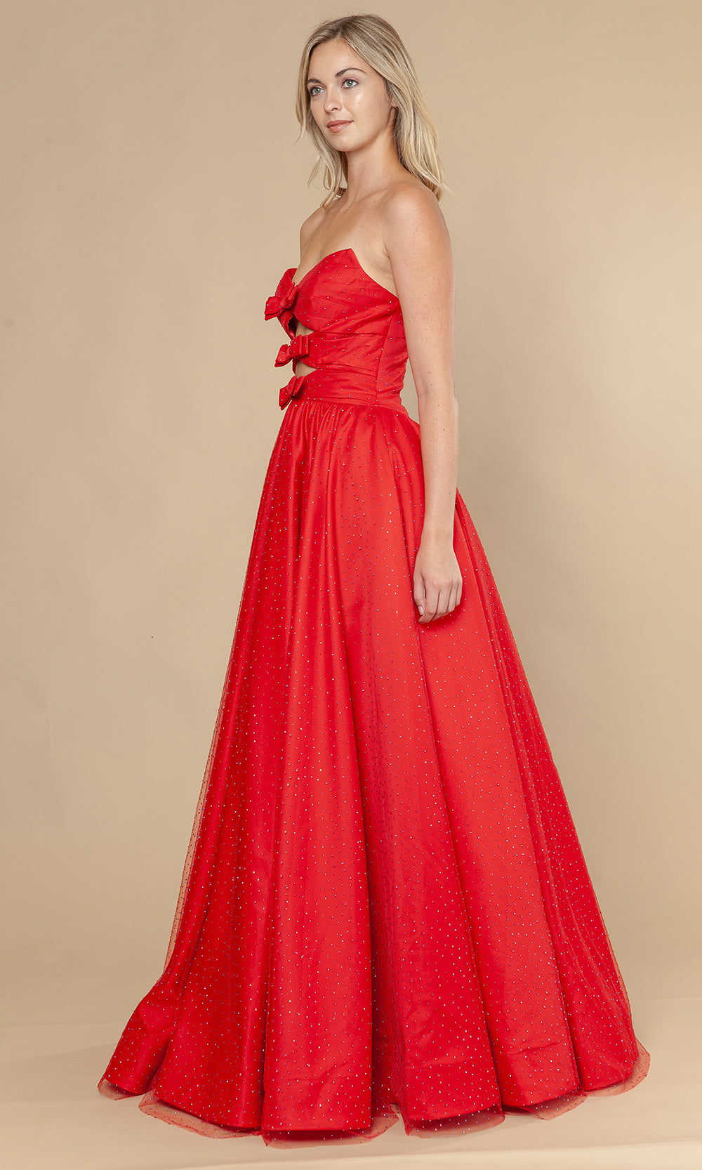 Red Sweetheart Floor-Length Mesh Prom Gown with Triple Bow Accents and Cutouts Poly USA 25036
