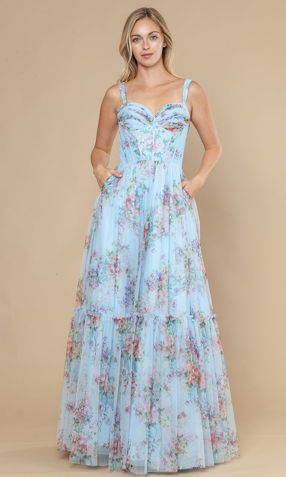 Blue Sweetheart Floor-Length Mesh Garden Prom Gown with Floral Print and Tiered Skirt Poly USA 25038