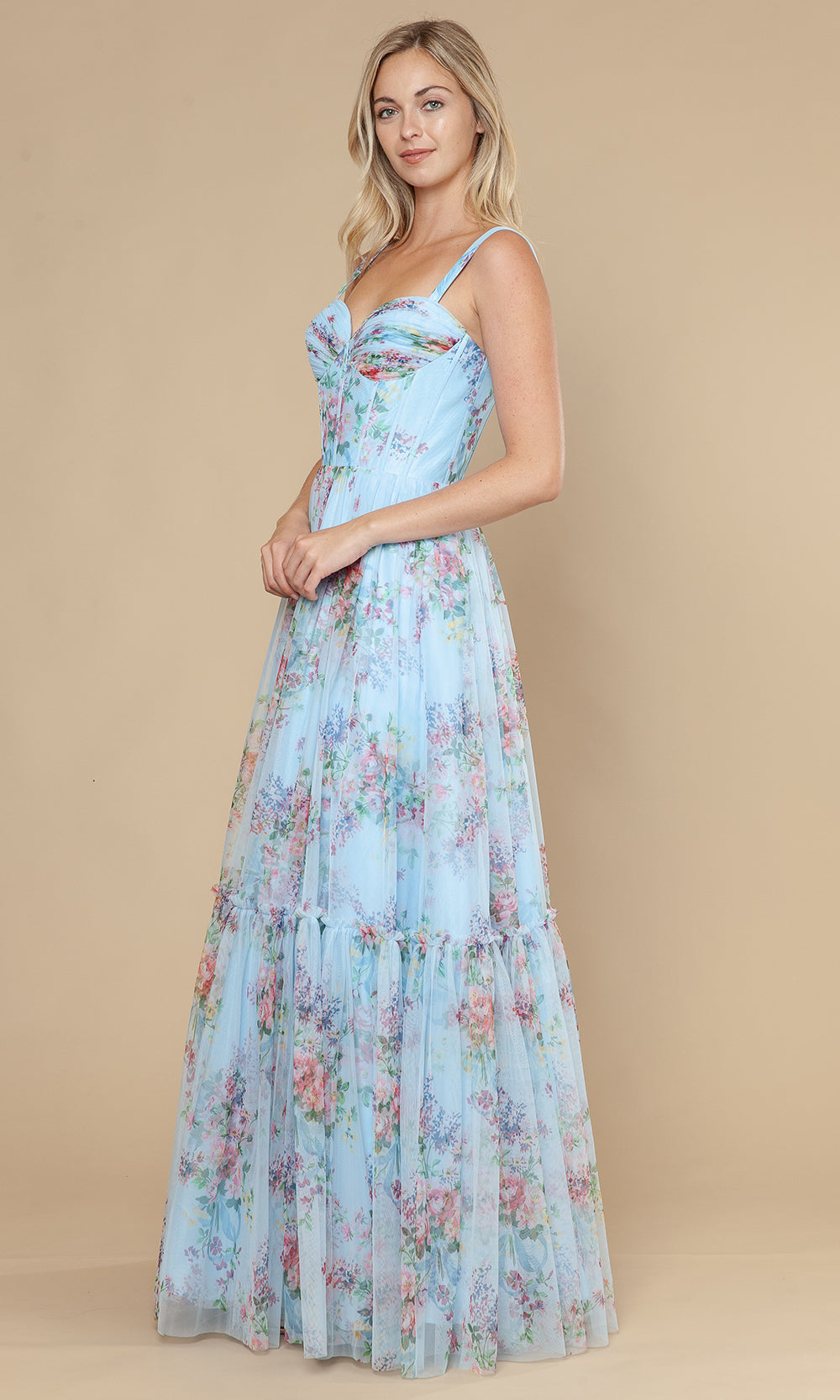 Blue Sweetheart Floor-Length Mesh Garden Prom Gown with Floral Print and Tiered Skirt Poly USA 25038