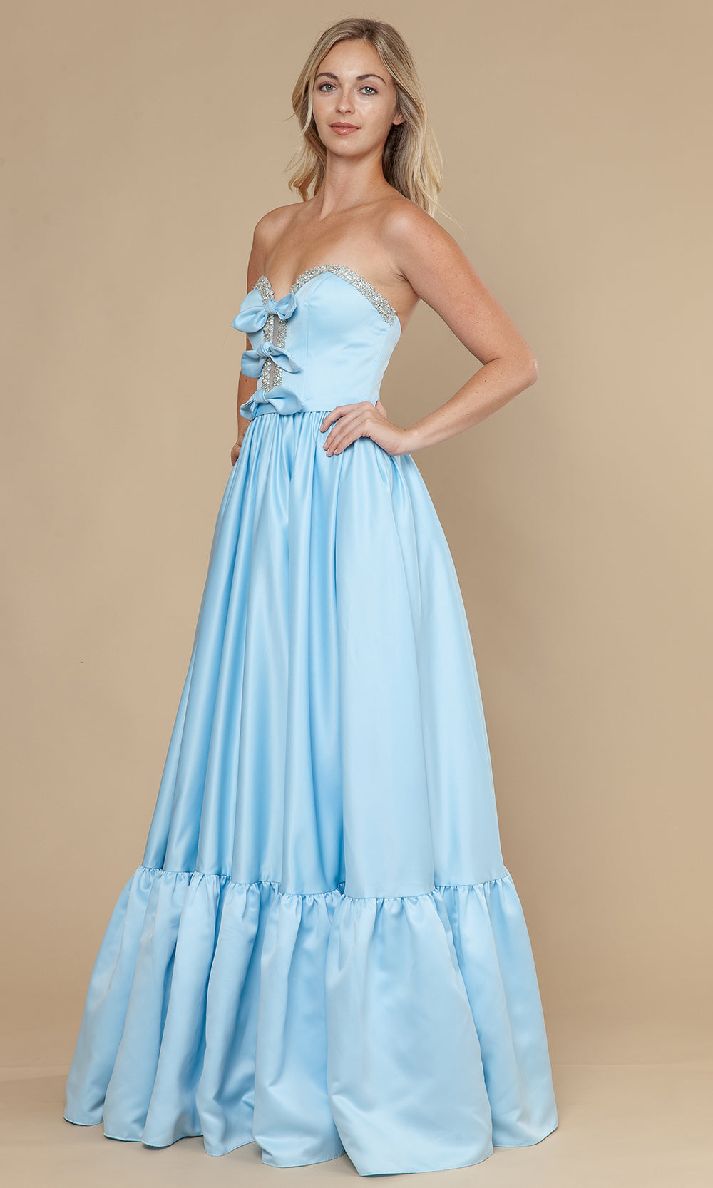 Blue Sweetheart Floor-Length Satin Prom Dress with Bows and Ruffle Hem Poly USA 25040