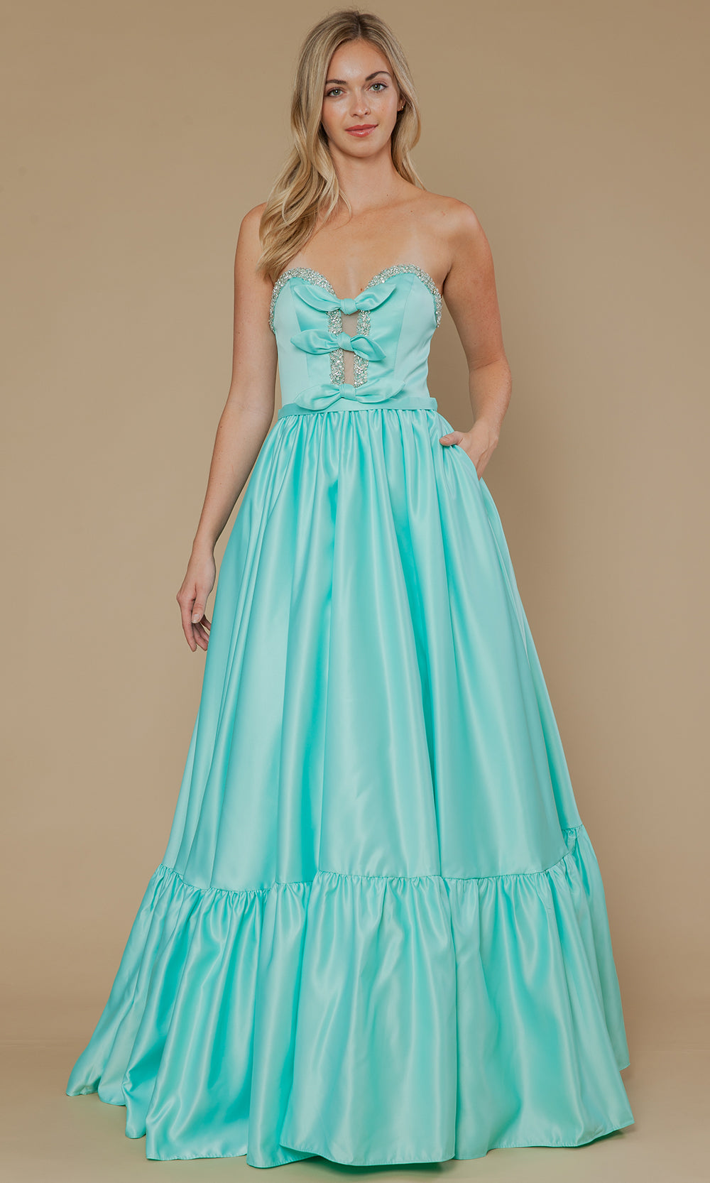 Mint Sweetheart Floor-Length Satin Prom Dress with Bows and Ruffle Hem Poly USA 25040