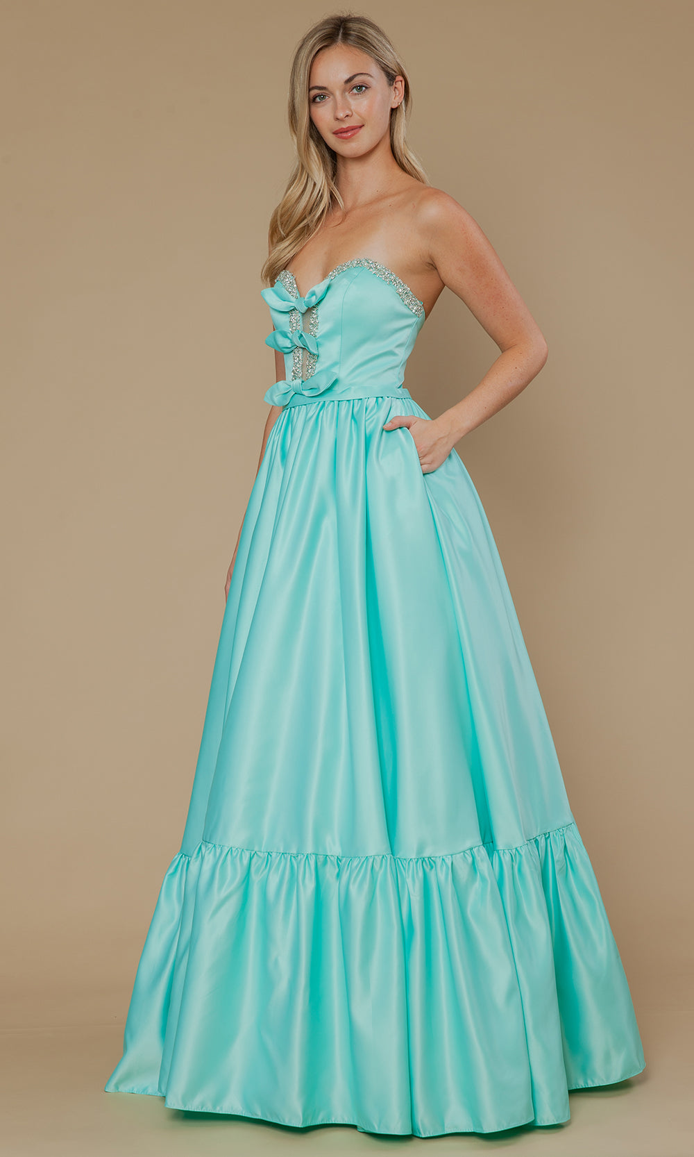 Mint Sweetheart Floor-Length Satin Prom Dress with Bows and Ruffle Hem Poly USA 25040
