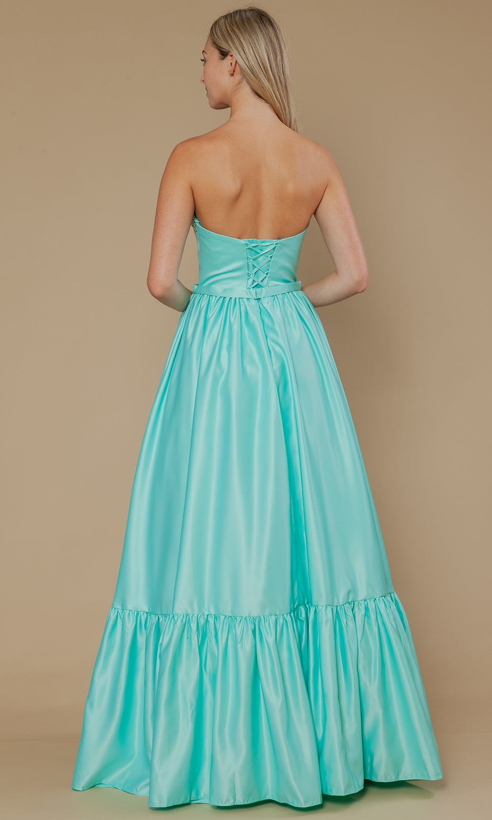 Mint Sweetheart Floor-Length Satin Prom Dress with Bows and Ruffle Hem Poly USA 25040