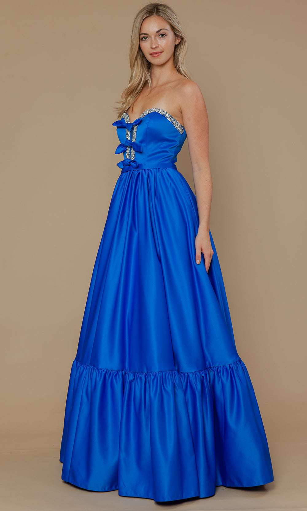 Royal Sweetheart Floor-Length Satin Prom Dress with Bows and Ruffle Hem Poly USA 25040