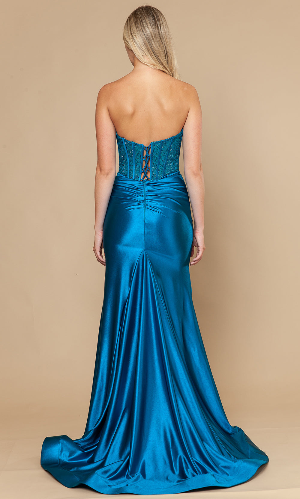 Teal Strapless Floor-Length Span Satin Prom Gown with Corset Bodice Poly USA 25042