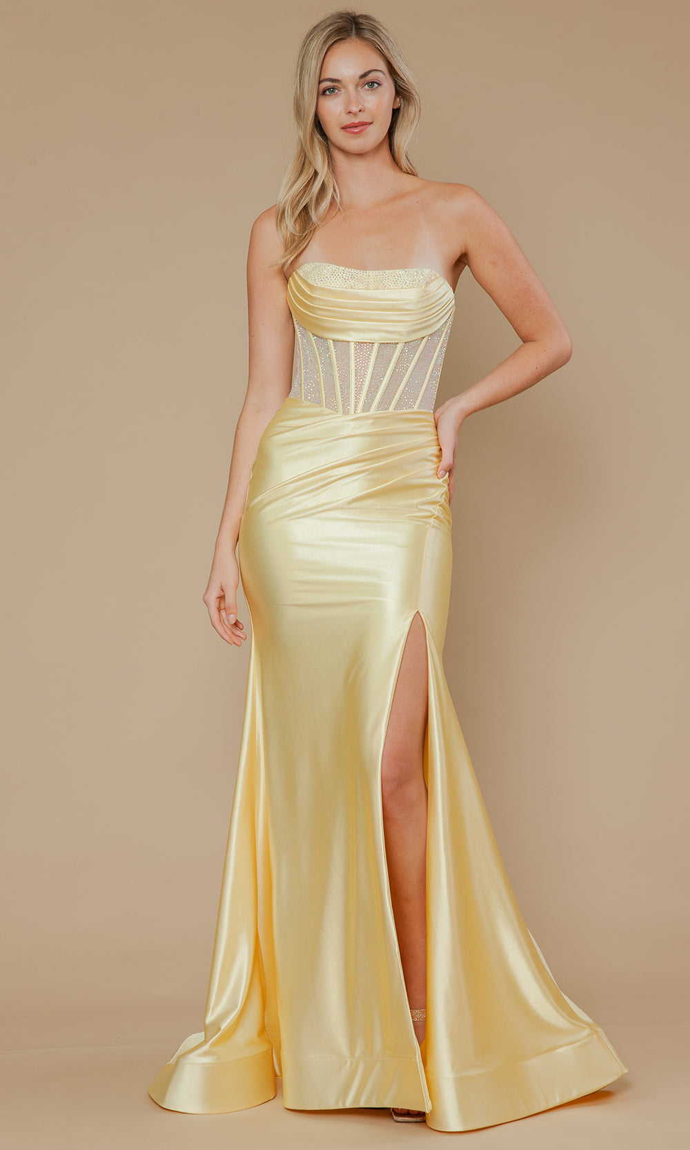 Yellow Strapless Floor-Length Span Satin Prom Gown with Corset Bodice Poly USA 25042