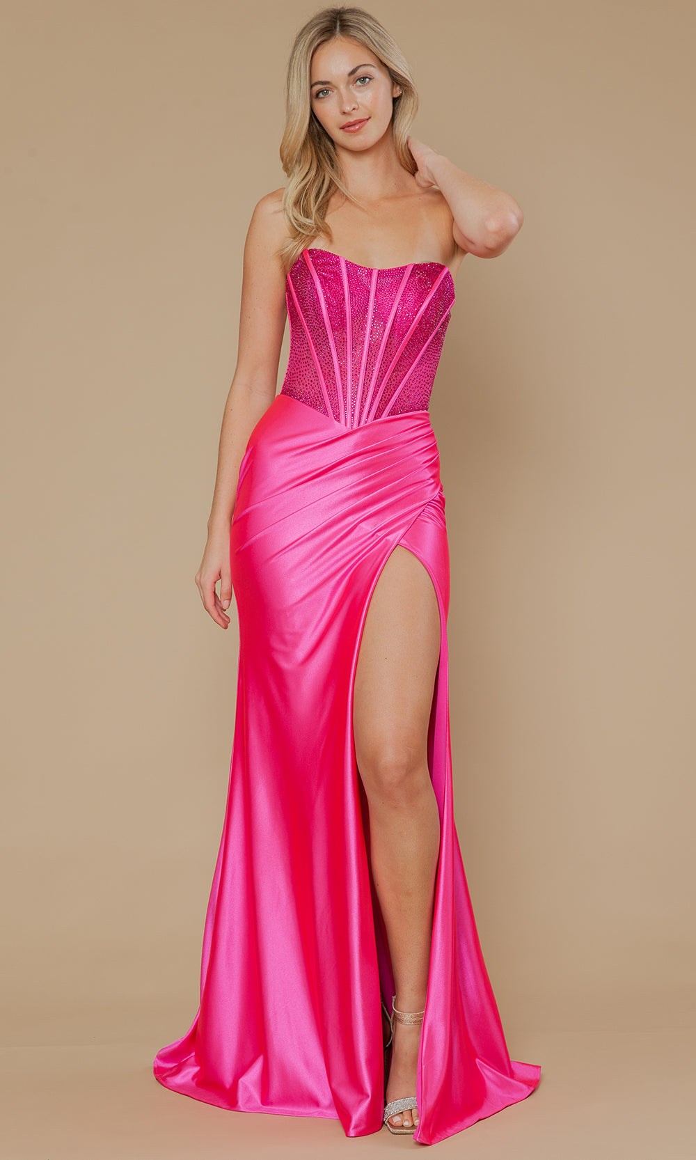 Hot Pink Straight-Across Floor-Length Poly Span Satin Prom Gown with Rhinestone Corset Poly USA 25044