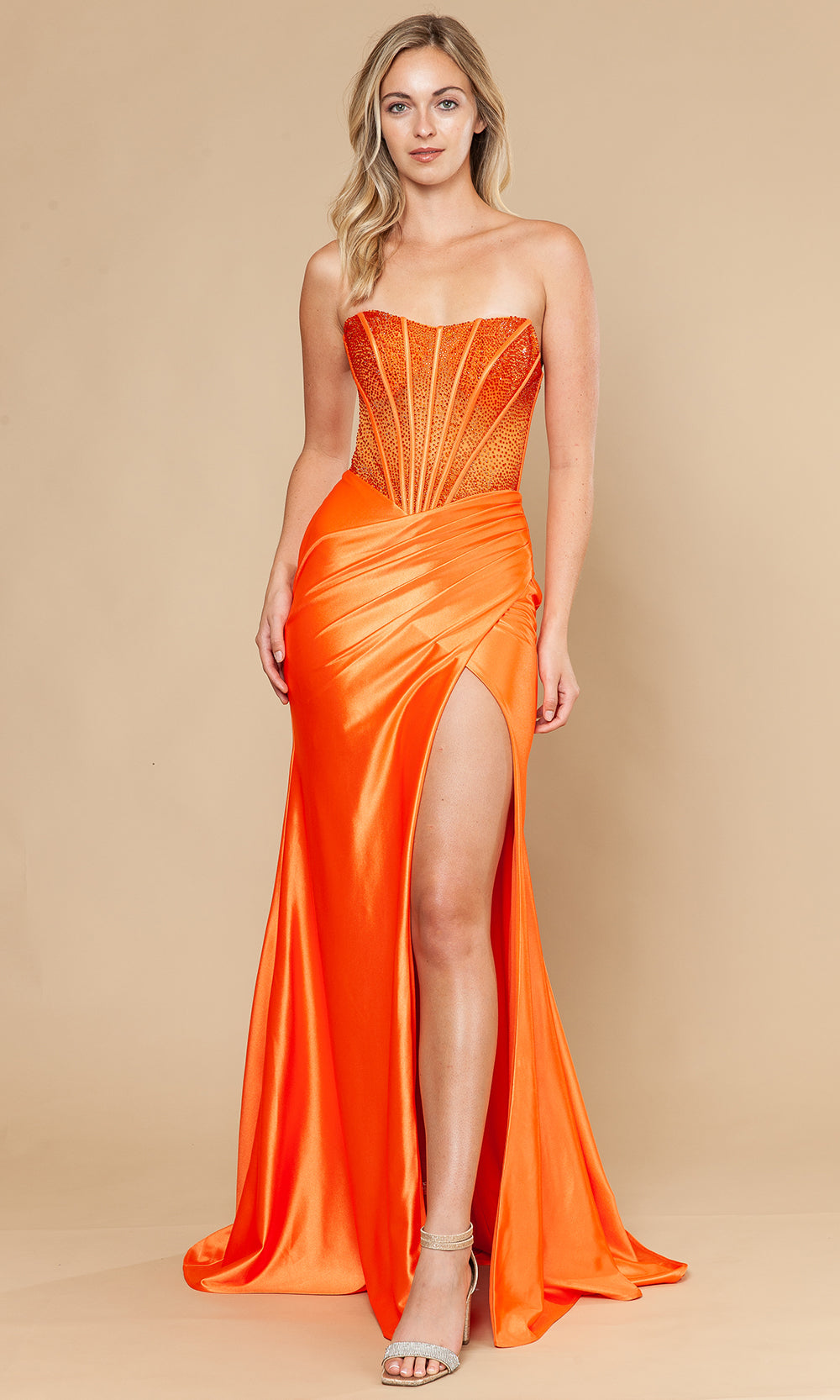 Orange Straight-Across Floor-Length Poly Span Satin Prom Gown with Rhinestone Corset Poly USA 25044