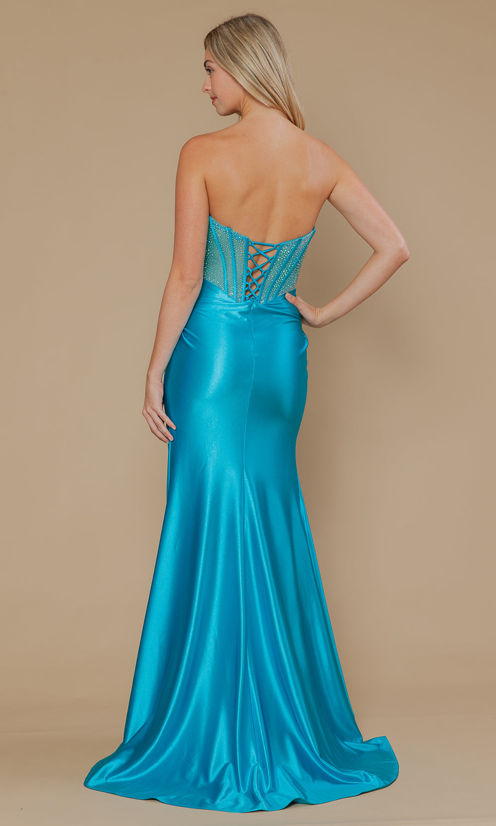 Turquoise Straight-Across Floor-Length Poly Span Satin Prom Gown with Rhinestone Corset Poly USA 25044