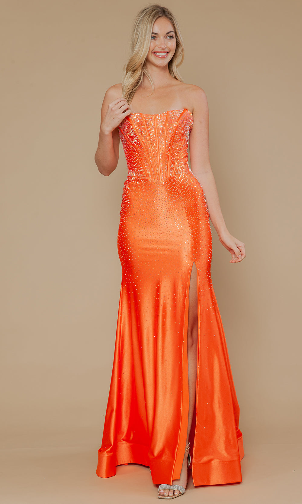Orange Straight-Neck Floor-Length Rhinestone Formal Gown Corset Bodice Poly USA 25046