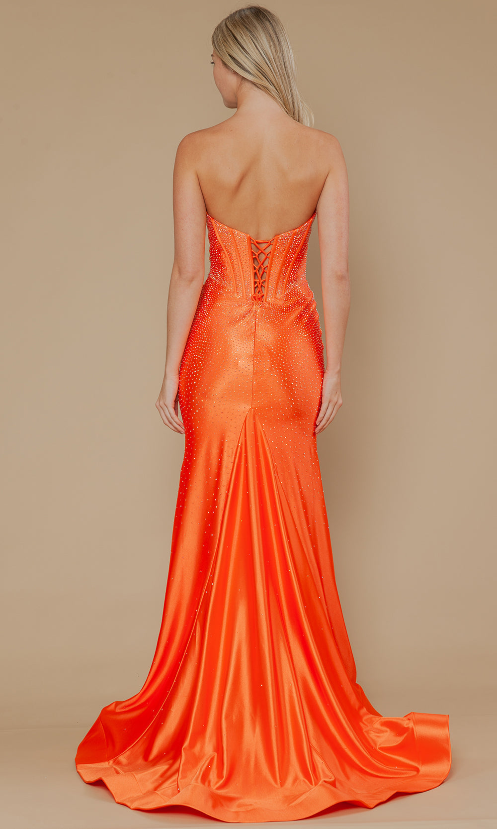 Orange Straight-Neck Floor-Length Rhinestone Formal Gown Corset Bodice Poly USA 25046
