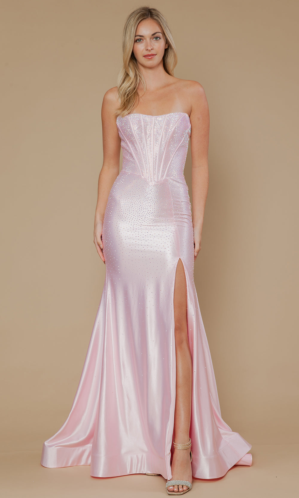 Orange Straight-Neck Floor-Length Rhinestone Formal Gown Corset Bodice Poly USA 25046