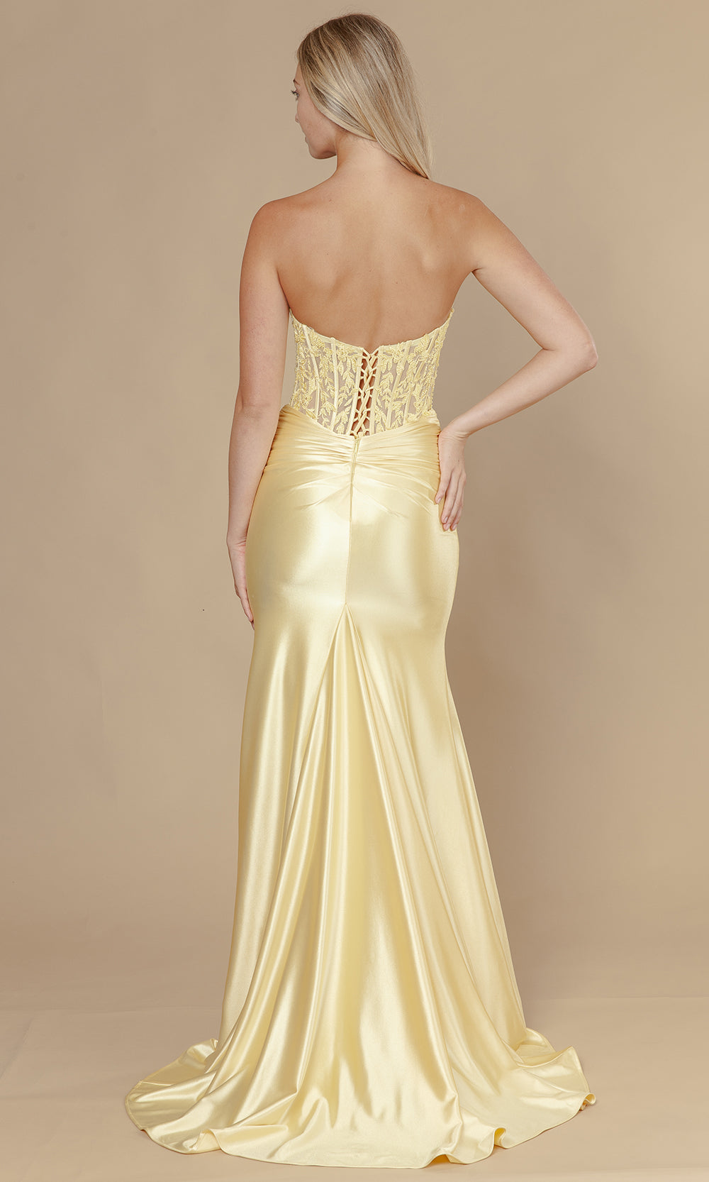 Yellow Strapless Floor-Length Satin Prom Dress with Sheer Corset Bodice and Slit Poly USA 25056
