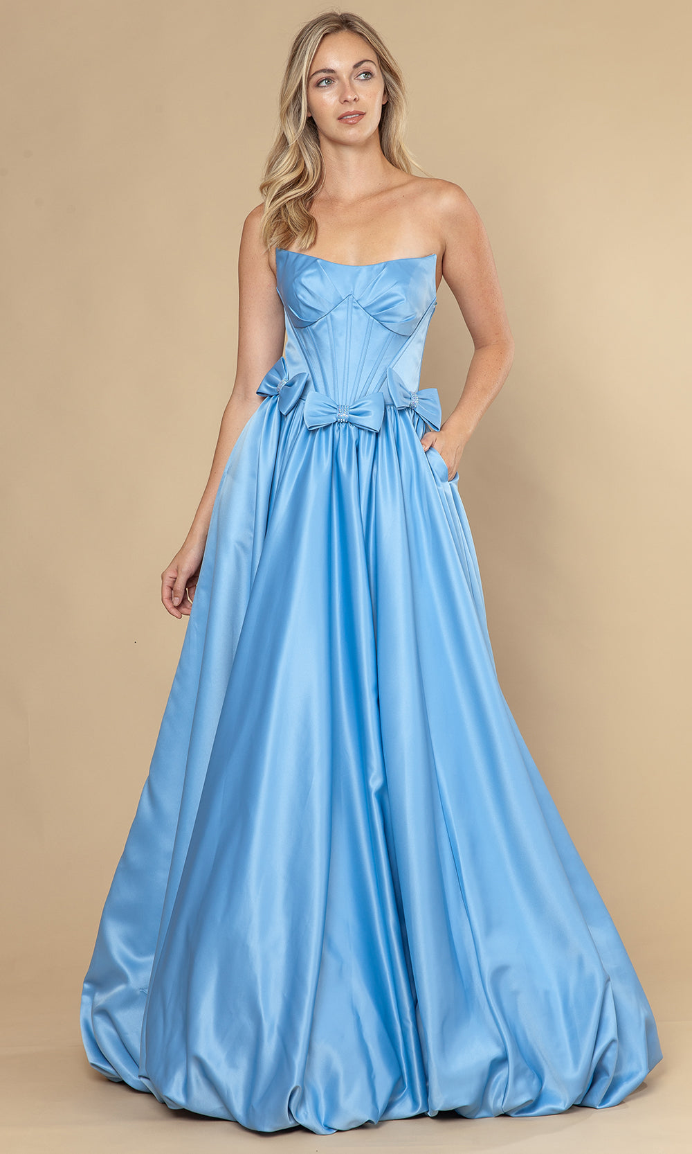 Blue Sweetheart Floor-Length Satin Prom Dress with Bow Accents and Corset Bodice Poly USA 25058