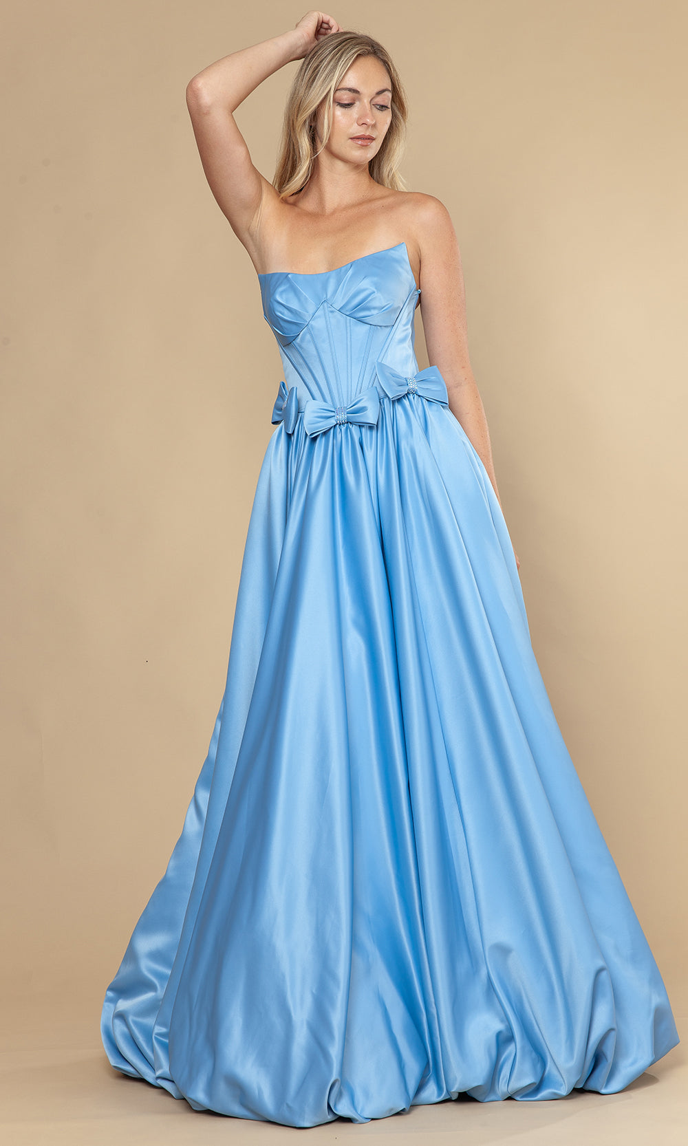 Blue Sweetheart Floor-Length Satin Prom Dress with Bow Accents and Corset Bodice Poly USA 25058