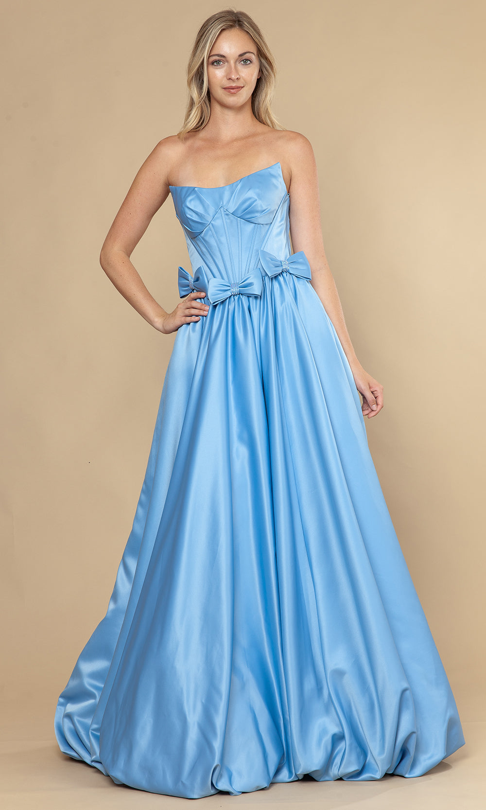 Blue Sweetheart Floor-Length Satin Prom Dress with Bow Accents and Corset Bodice Poly USA 25058